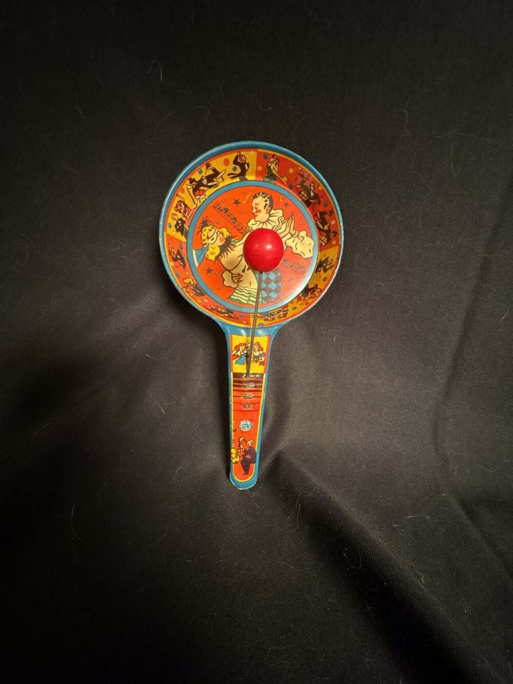 Antique Tin Litho Masquerade Party Noise Maker Paddle US Metal Toy Mfg Co